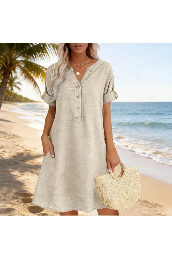 Casual Linen Dresses for Women V-Neck Button Down Short Sleeve Loose Flowy Knee Length Dress with Pockets Beach Vacation Sundress