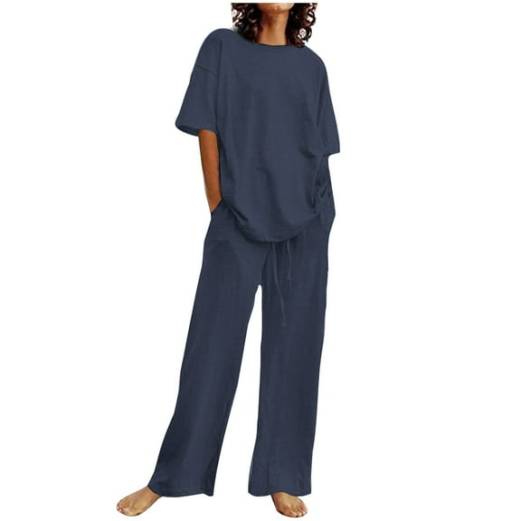 Casual Linen Pants Sets Women 2 Piece Outfits Summer Round Neck Short Sleeve Tshirts and Drawstring Wide Leg Long Pants Sets，Ot-6，Navy，5XL