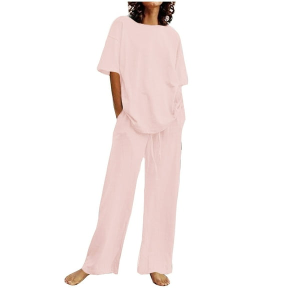 Casual Linen Pants Sets Women 2 Piece Outfits Summer Round Neck Short Sleeve Tshirts and Drawstring Wide Leg Long Pants Sets,Ot-6,Pinks,S
