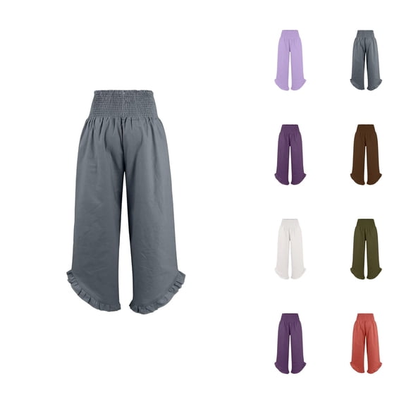 Casual Linen Pants Women 2025 Wide Leg Elastic Waist Pleated Hem Loose Fit Beach Summer Pants Trousers