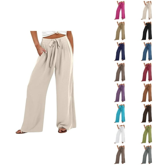Casual Linen Pants Women 2025 Wide Leg High Waisted Tie Knot Flowy Loose Pants with Pockets Trousers