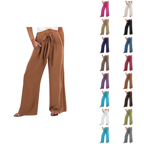 Casual Linen Pants Women 2025 Wide Leg High Waisted Tie Knot Flowy Loose Pants with Pockets Trousers