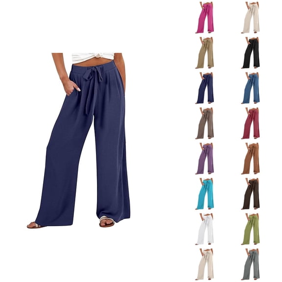Casual Linen Pants Women 2025 Wide Leg High Waisted Tie Knot Flowy Loose Pants with Pockets Trousers