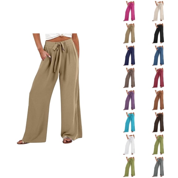 Casual Linen Pants Women 2025 Wide Leg High Waisted Tie Knot Flowy Loose Pants with Pockets Trousers