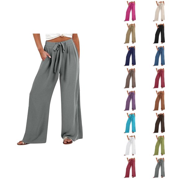 Casual Linen Pants Women 2025 Wide Leg High Waisted Tie Knot Flowy Loose Pants with Pockets Trousers