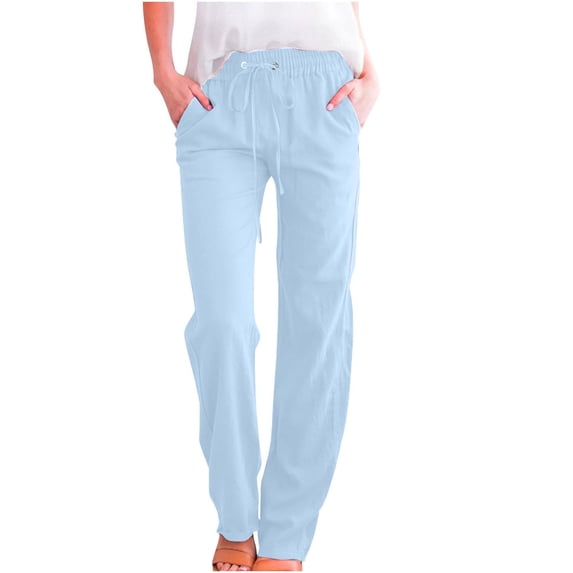 Casual Linen Pants Women High Waist Drawstring Loose Pant Summer Fall Pull on Straight Leg Long Slacks with Pockets