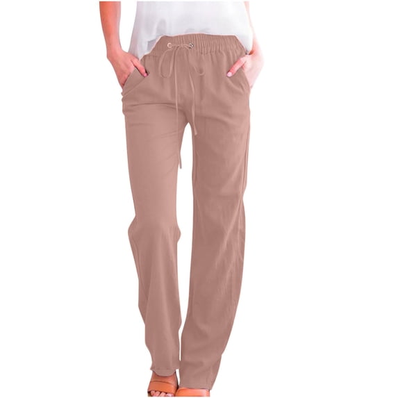 Casual Linen Pants Women High Waist Drawstring Loose Pant Summer Fall Pull on Straight Leg Long Slacks with Pockets