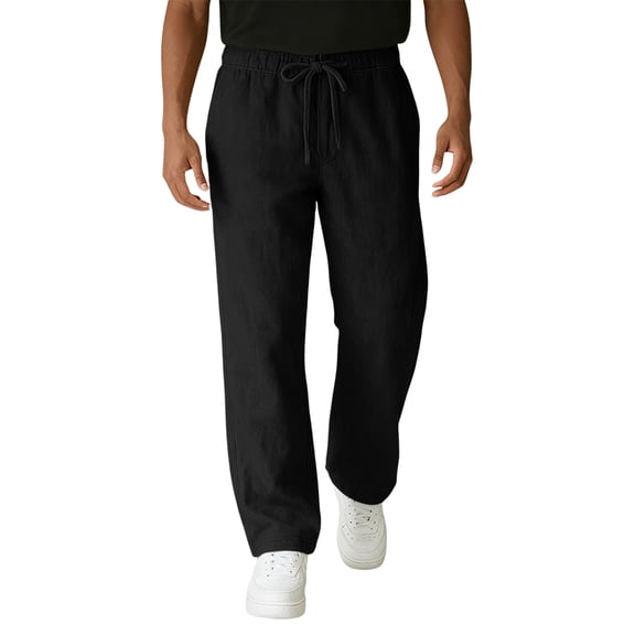Casual Linen Pants for Men Summer Beach Drawstring Trousers Lightweight Relaxed fit Elastic Waist Vacation Pants Breathable 2026 Black L