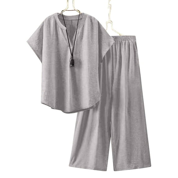 Casual Linen Sets for Women Summer 2 Piece Outfits New Arrivals Women’s Plus Size V-Neck Short Sleeve Tops and Wide Leg Pant Sets Vacation Travel Outfits Matching Clothing