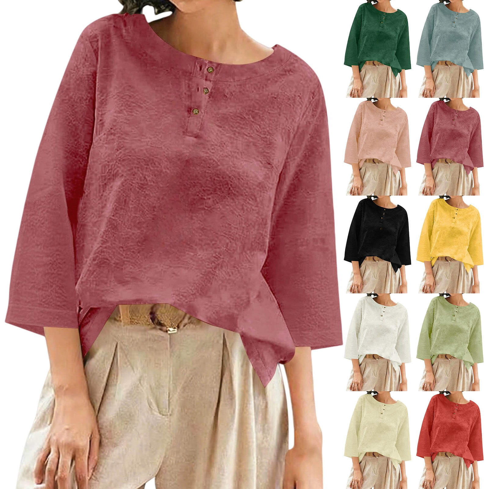 Casual Linen Shirt For Women Spring Top 2026 Solid 3 4 Length Sleeve ...