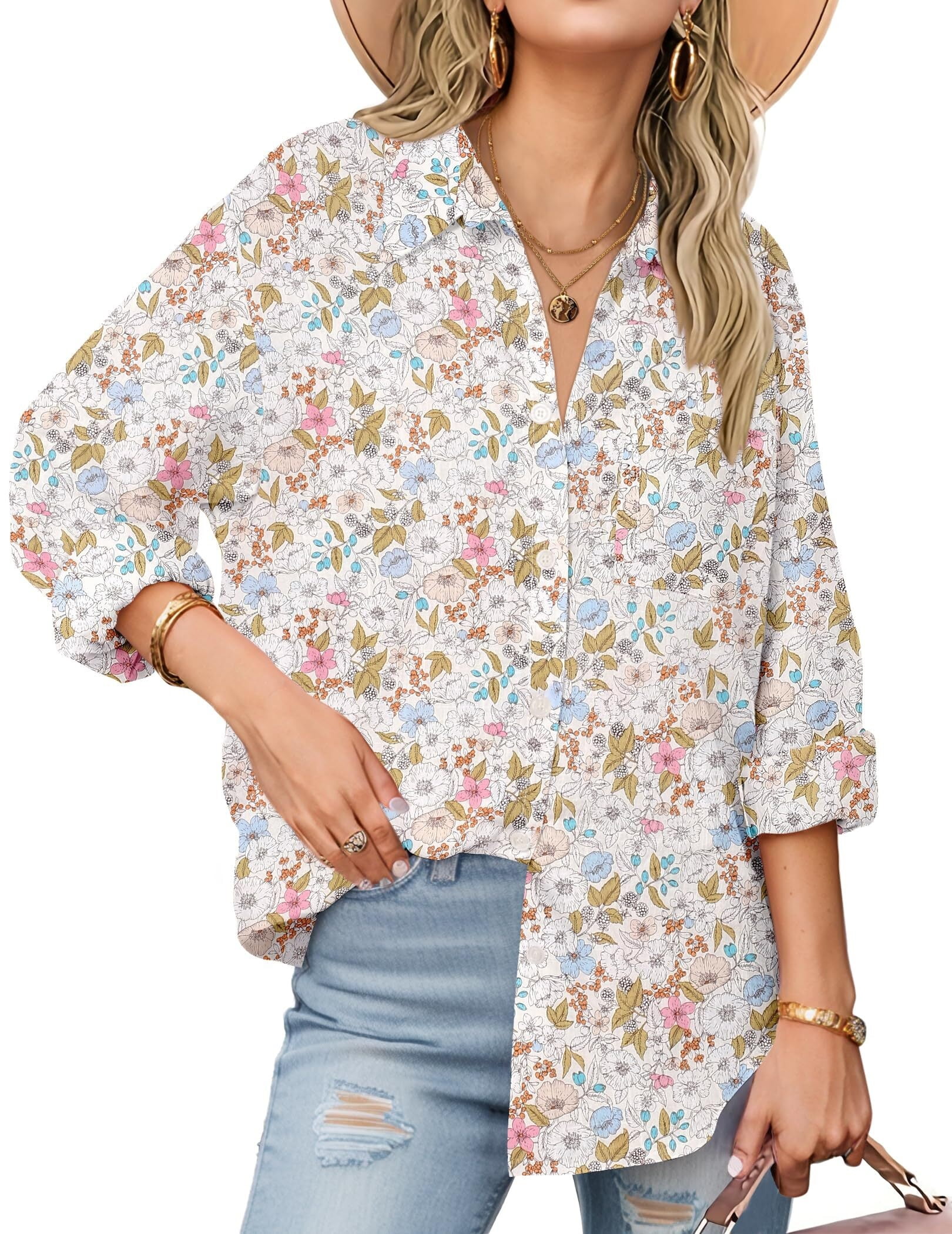 Loose white print cotton for women o neck daily summer tops main image 0