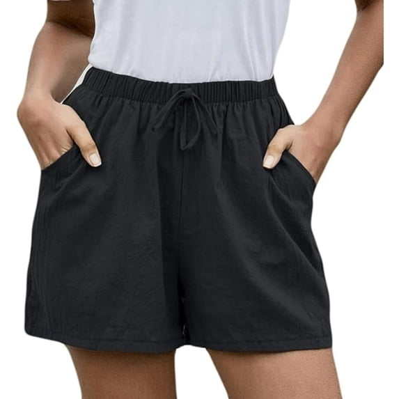 Casual Linen Shorts For Women, Drawstring Elastic Waist Split Side Summer Line Comfy Lounge Short With Pocket Black M