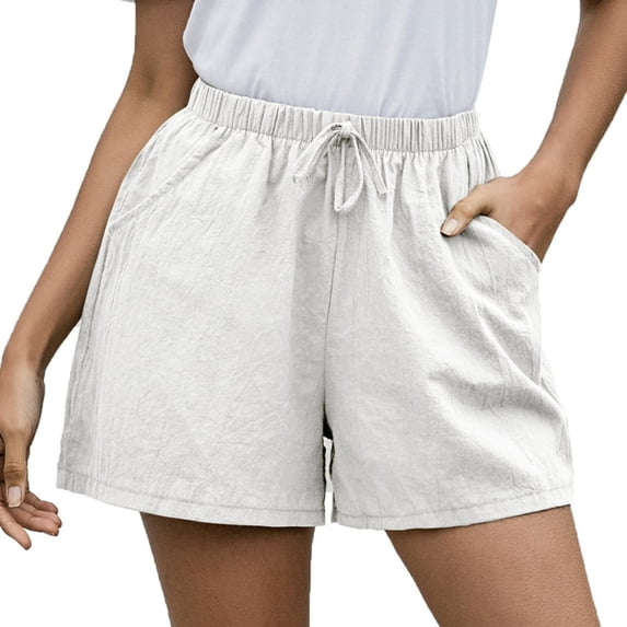 Casual Linen Shorts For Women, Drawstring Elastic Waist Split Side Summer Line Comfy Lounge Short With Pocket White S
