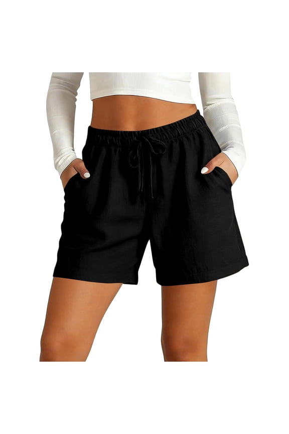 Casual Linen Shorts for Women, Drawstring Elastic Waist Split Side Summer Line Comfy Lounge Short with Pocket 4" 5" 6" Inseam Black 2XL