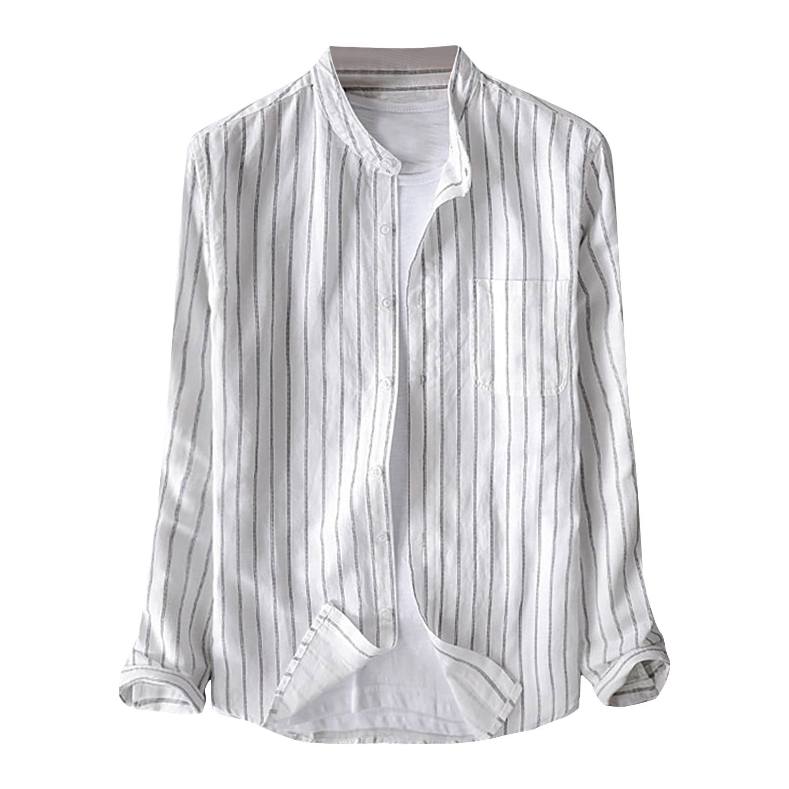 Casual Linen Striped Shirts for Men Sale Long Sleeve Banded Collar ...