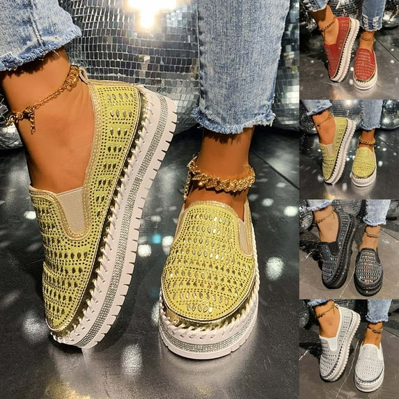 Casual Loafers Women Rhinestone Thick Sole Shoes Solid Color Round Toe Slip-On for Outdoor Indoor Fashion Footwear