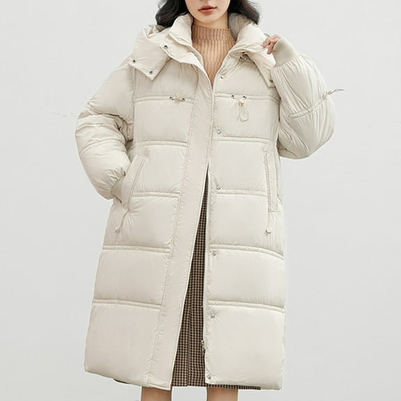 Casual Long Hooded Puffer Quilted Jacket for Women Y2K Loose Zip up Drawstring Hooded Coat with Pockets Winter Warm Buttoned Long Sleeve Cardigan