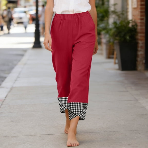 Casual Long Pants Women Plaid Patchwork Linen Blend Solid Trousers Elastic Waist Loose Style with Side Pockets Fashion Versatile Design for Office Lounge Outdoor Daily Wear Red M