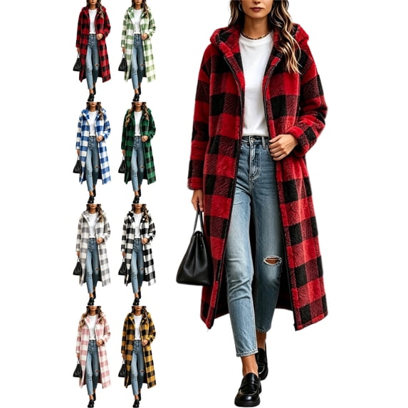 Casual Long Plaid Coats for Women Hooded Oversized Loose Fit Fuzzy Warm Outerwear