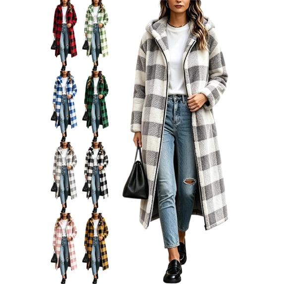 Casual Long Plaid Coats for Women Hooded Oversized Loose Fit Fuzzy Warm Outerwear