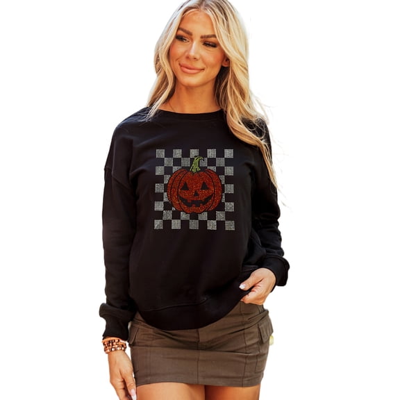 Casual Long Sleeve Black Sweatshirt with Rhinestone Jack-o-Lantern Design - [ZhiHiMeRi] | L