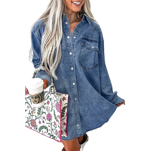 Casual Long Sleeve Blue Denim Dress for Women – High Waist A-Line Silhouette for Fall Outings [ZhiHiMeRi] | L