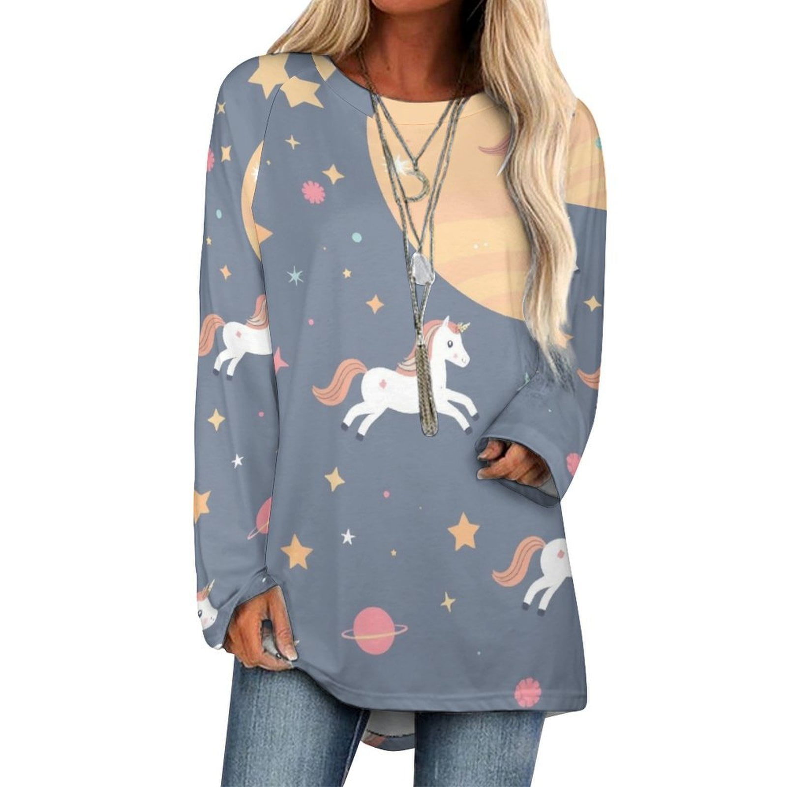 Casual Long Sleeve Crew Neck T-Shirt Women's Space Unicorns Stars ...