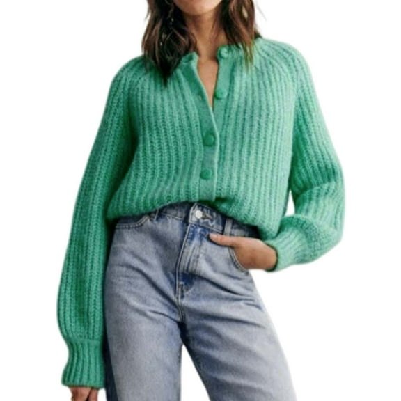 Casual Long Sleeve Crewneck Button Down Cardigan Sweater Knit Outwear, Green M, Size S-XL