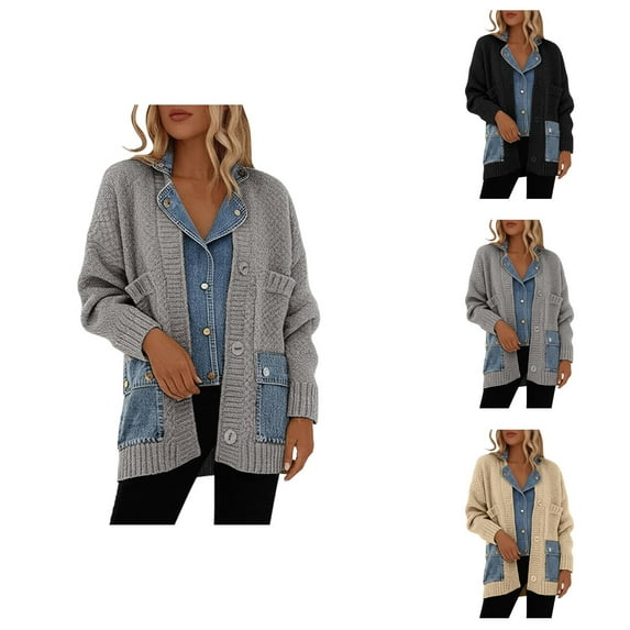 Casual Long Sleeve Knitted Cardigan Sweater Open Front Outerwear Coat With Two Piece Design Comfortable Loose Fit Cardigan Sweaters for Women