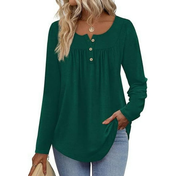 Casual Long Sleeve Pleated Blouse for Women – Solid Color Button Front Tunic Shirt Army Green