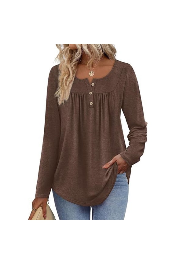 Casual Long Sleeve Pleated Blouse for Women – Solid Color Button Front Tunic Shirt Brown