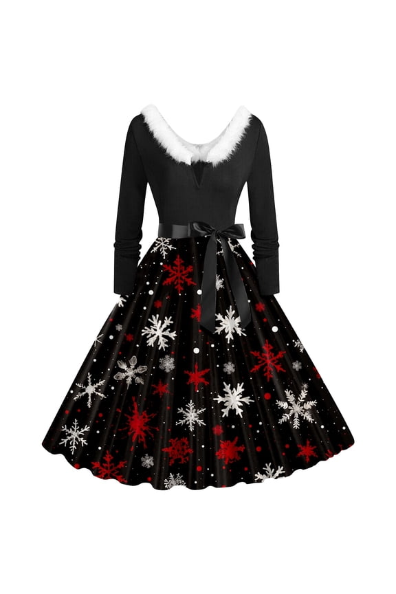 Casual Long Sleeve Print Dress With Collar Elegant Winter Party Wear Flowy Comfortable Day Dress For Holiday Season And