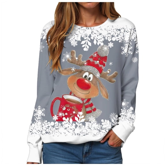 Casual Long Sleeve Pullover Ugly Christmas Sweatshirt With Deer Print For Street Style
