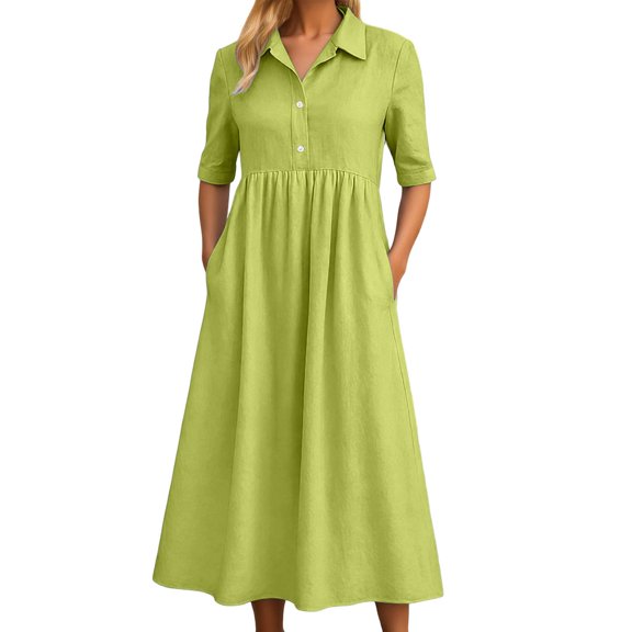 Casual Long Sleeve Shirt Dress With Pockets Open Front Cardigan Style Comfortable Wear Solid Color Ladies Dress Soft Daily Dress For Women Green XXXL