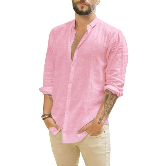 Casual Long Sleeve Shirts Mens Pure Color Linen Button Down Tops