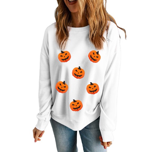 Casual Long Sleeve White Sweatshirt with Pumpkin Face Design - Perfect for Fall - [ZhiHiMeRi] | L