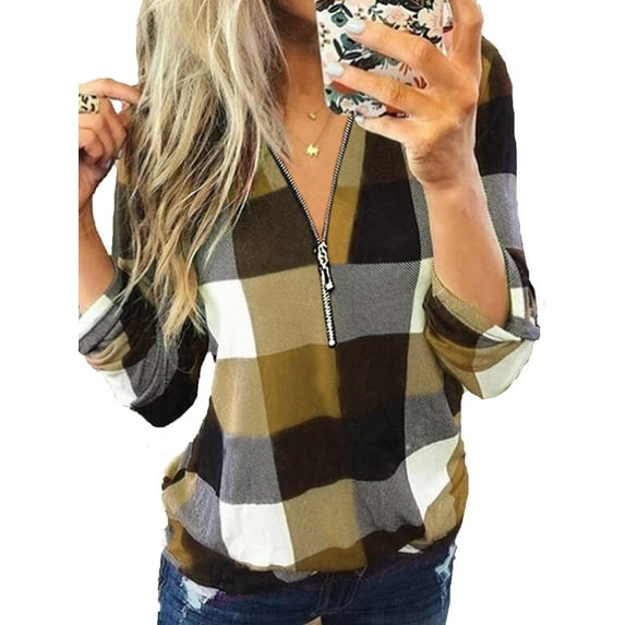 Casual Long Sleeve Zip Up V-Neck Plaid Pullover Top Shirt Blouse For Women Ladies Autumn Kaftan Baggy Checked Baggy Tunic Blouse Tops T Shirt Winter Basic Tee Tops
