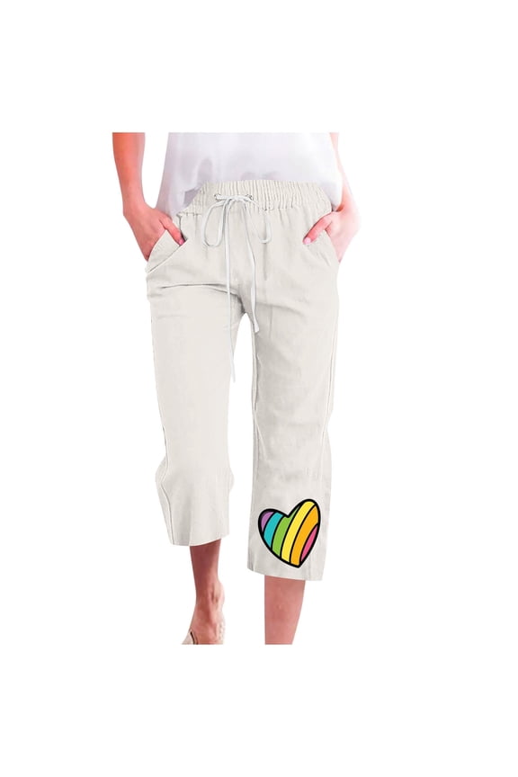 Casual Loose Capris Pant Straight Leg for Women Rainbow Printed Jogger Juniors Stretch Going Out Pockets Cropped Pants Trousers