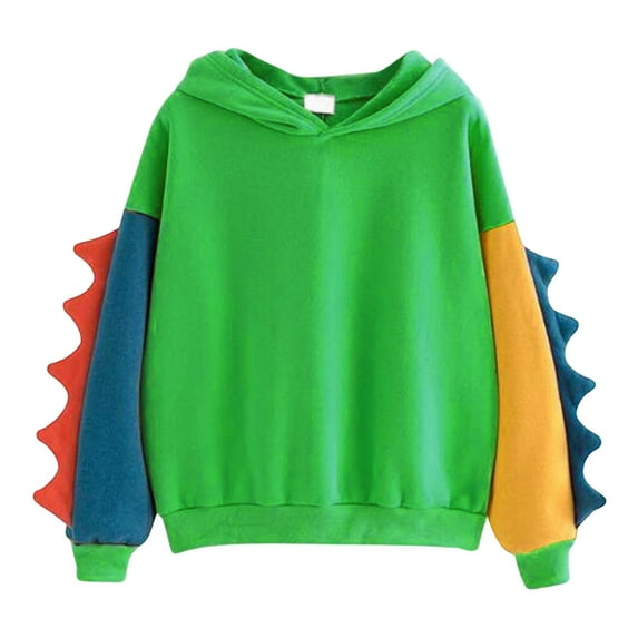 Casual Loose Color Block Long Sleeve Dinosaur Hoodies Pullover Tops Hooded Sweatshirt 02-Green L