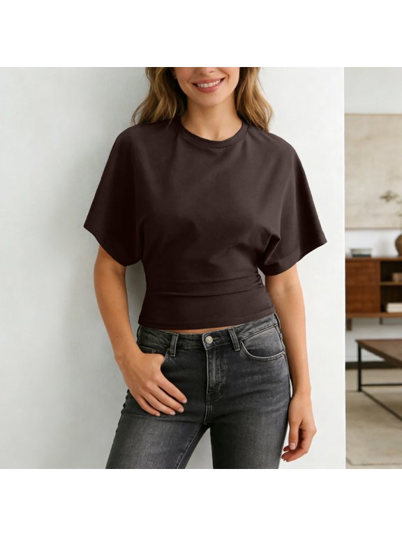 Casual Loose Cropped Tee with Irregular and Waist Tie for Women - Everyday Streetwear Top, XS, Brown