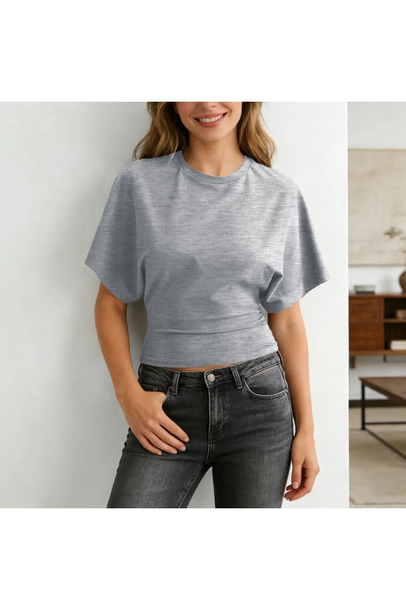 Casual Loose Cropped Tee with Irregular and Waist Tie for Women - Everyday Streetwear Top, XS, Grey