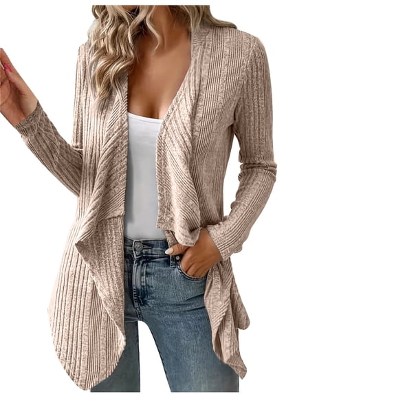 Casual Loose Drape Front Open Cardigan for Women Solid Long Sleeve Irregular Hem Ribbed Knit Sweater Fall Winter Outerwear