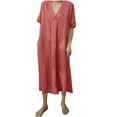 thumbnail image 1 of Casual Loose Dress for Women V Neck Cotton Linen Midi Dress with Pockets Comfy Summer Lounge Sleepwear Outfit, 1 of 7