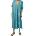 thumbnail image 1 of Casual Loose Dress for Women V Neck Cotton Linen Midi Dress with Pockets Comfy Summer Lounge Sleepwear Outfit, 1 of 7