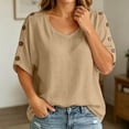 thumbnail image 1 of Casual Loose Fit Button Up Blouse Tunic Short Sleeve Summer Shirt with Pocket for Women - Versatile Everyday Outfit Easy Care and, M, Khaki, 1 of 5