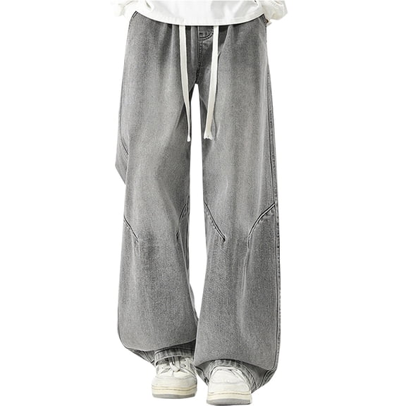 Casual Loose Fit Denim Trousers with Drawstring Waist, Wide Leg Streetwear Pants for Everyday Comfort