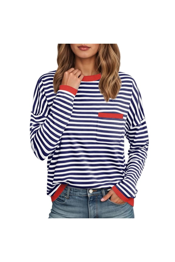 Womens Striped Soft Knit Pullover Sweater Loose Fit Shirts with Chest Pocket