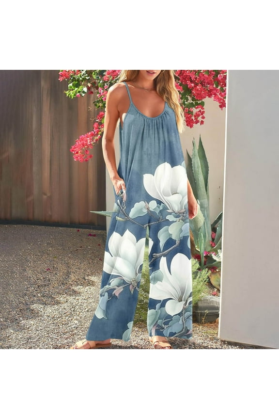 Casual Loose Jumpsuit for Women Summer Spaghetti Strap Floral Print Jumpers with Pocket Ruched Front Long Pant Playsuit, Multicolor, M