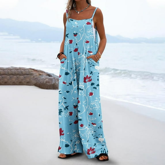 Casual Loose Jumpsuits For Women Trendy Printed Sleeveless Wide Leg Long Pant Rompers With Pockets Light Blue S