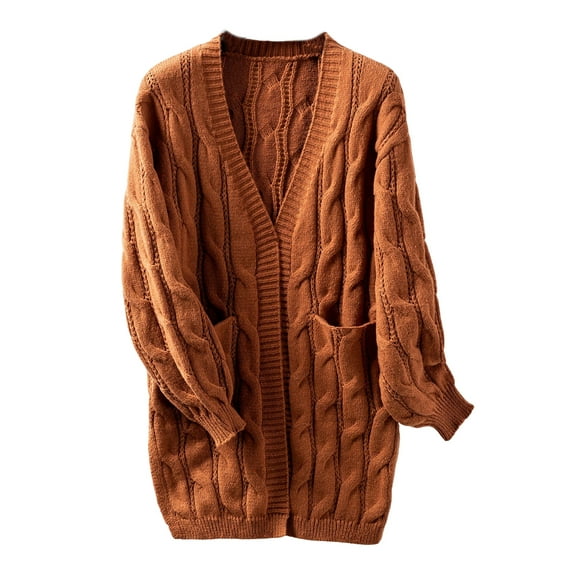 Casual Loose Knitwear Cardigan with Pockets for Women Long Sleeve Twist Cable Knit Open Front Side Split Sweater Coat